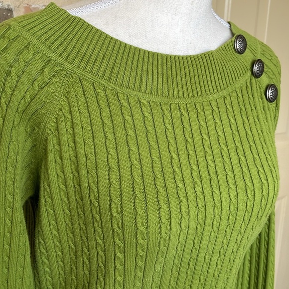 Olive Green Cotton Cable Knit Crewneck Sweater Button Accents Preppy Classic SM - Picture 2 of 10